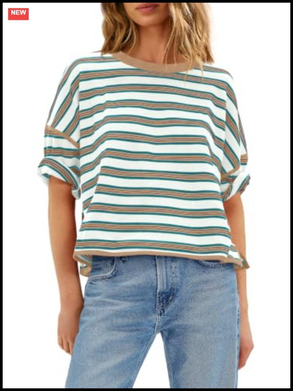 Women's Striped Oversized Box Fit Short Sleeve Crew Neck Tee Lightweight